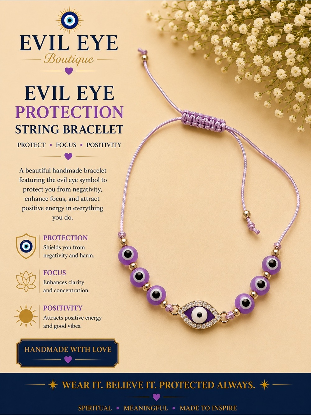 Evil Eye Protection String Bracelet - Purple